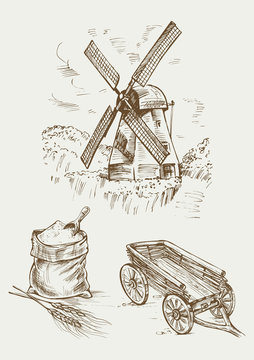 Set farm object: rustic old mill, flour bag and a cart. Hand drawn vector illustration in vintage style.