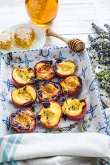 summer dessert, peaches baked with honey
