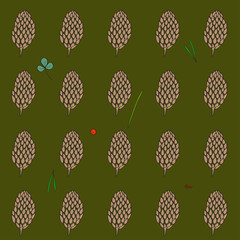 pattern with the image of the forest cones on a dark green background. Vector