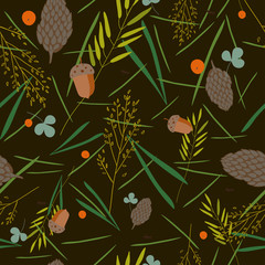 pattern with the image of the forest cones, fir needles, leaves, blades of grass, acorns and ants on a brown- green background. Vector