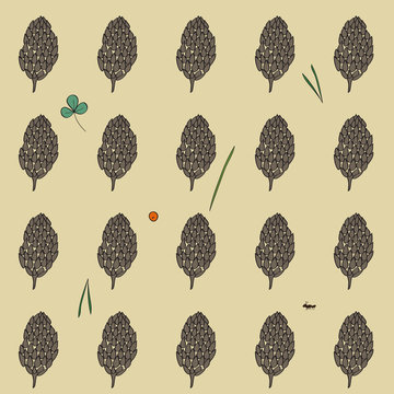 pattern with the image of the forest cones on a gray-beige background. Vector