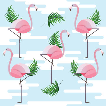 Exotic tropical seamless pattern with pink flamingo birds, white clouds and green palm leaves isolated on blue background