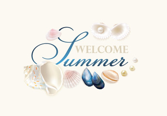 Beautiful glamorous calligraphic lettering welcome summer banner template with shiny saltwater pearls and seashells decoration