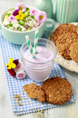 Strawberry smoothie at the breakfast table