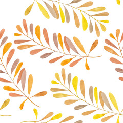Seamless pattern with the watercolor branches with brown and orange leaves, hand painted isolated on a white background