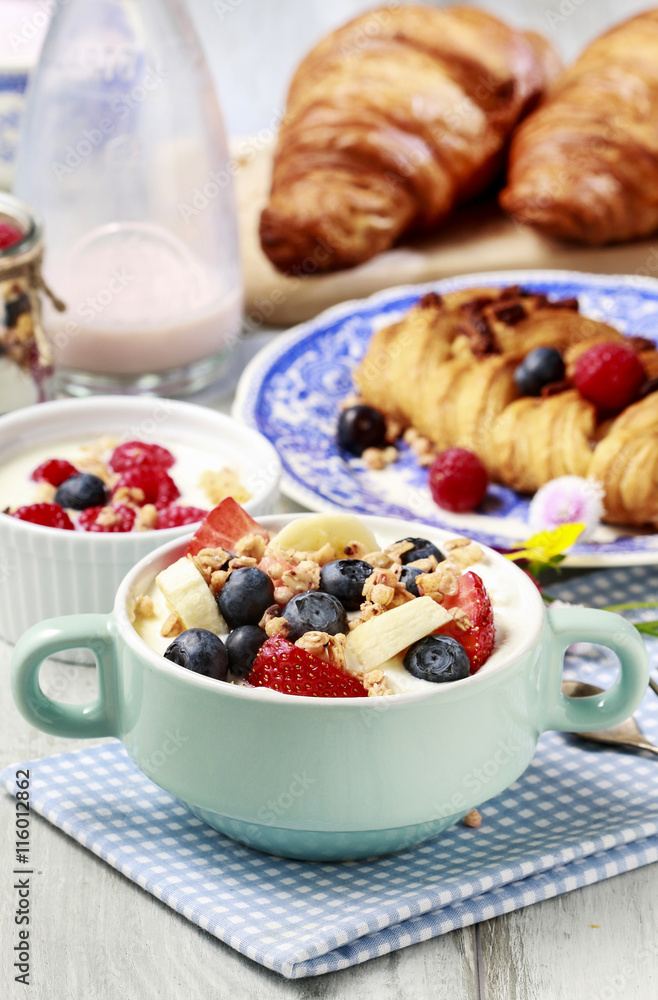 Canvas Prints bowl of yogurt with muesli and fresh fruits: strawberries, blueb