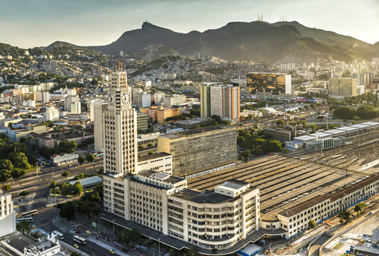 Train Station building with clock and skyline of Rio De Janeiro
