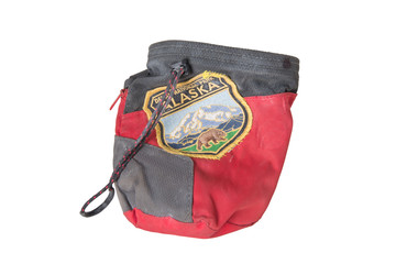 red climbing chalk bag with Denali National Park patch
