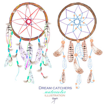 Illustration with dreamcatchers, hand drawn isolated in watercolor on a white background