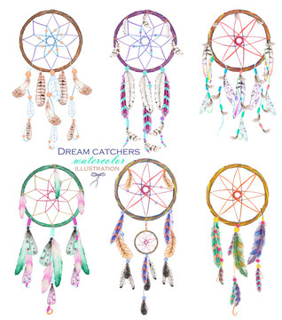 Illustration with dreamcatchers, hand drawn isolated in watercolor on a white background