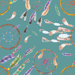 Seamless pattern with dreamcatchers and feathers in the air, hand drawn in watercolor on a dark blue background