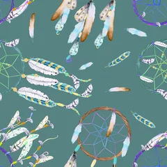 Stof per meter Naadloos patroon met dromenvangers en veren in de lucht, met de hand getekend in waterverf op een donkerblauwe achtergrond © nastyasklyarova