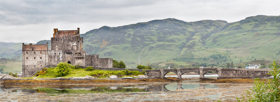 Panorama of Scottish Eilean Donan Castle from the South