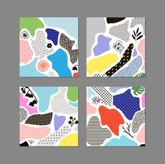 Collection of trendy creative cards with floral elements and different textures. Collage. Design for poster, card, invitation, placard, brochure, flyer. Vector