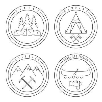 line art labels with canoe,camping,climbing and hiking