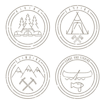 line art grunge labels with canoe,camping,climbing and hiking