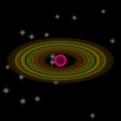 Abstract pink planet with large rings in deep space with many stars - 116015445