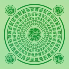 Magic green aged runes circle on green background - 116015457