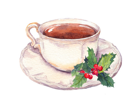 Tea cup with christmas mistletoe. Watercolor