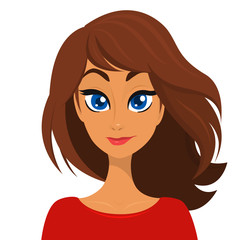 Vector cartoon  illustration of a beautiful woman portrait with long brown hair and red dress. Top-model girl with blue eyes vector avatar icon. 