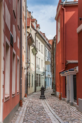 Narrow cobblestoned strweet in the historical center of Riga