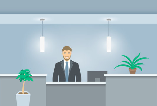 Young man receptionist stands at reception desk. Front view. Vector flat illustration. Office hall interior design with green plants and male administrator. Hotel registration background