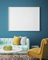 mock up blank poster on the wall of vintage living room, 3D rendering, 3D illustration