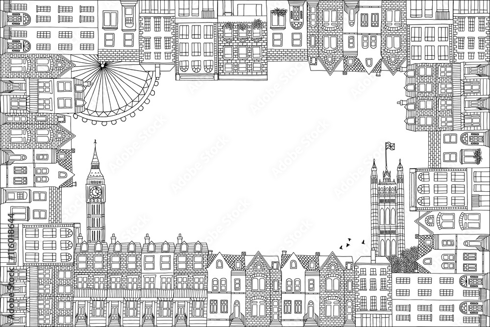 Wall mural Greeting card frame with hand drawn houses of London