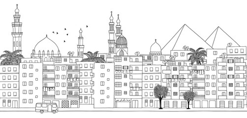 Cairo, Egypt - seamless banner of Cairo's skyline, hand drawn black and white illustration
