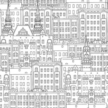 Hand drawn seamless pattern of Russian style houses and church