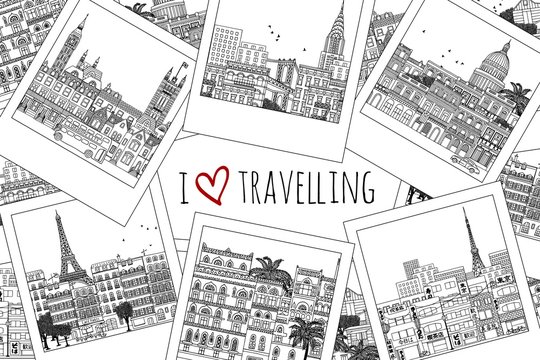 Set of hand drawn travel photographs with text "I love travelling"