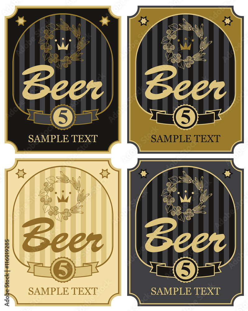 Poster set of vector labels for beer with a wreath of wheat and malt in retro style