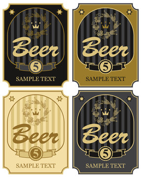set of vector labels for beer with a wreath of wheat and malt in retro style
