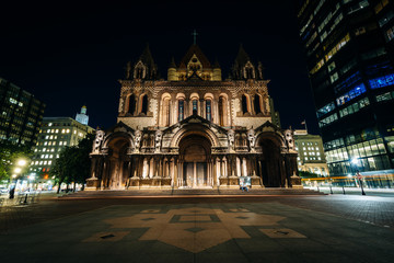 Fototapeta na wymiar Trinity Church at night, at Copley Square, in Boston, Massachuse