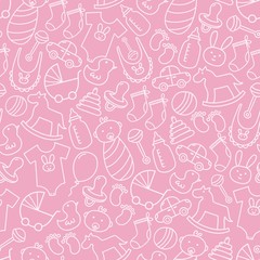 Baby shower doodle seamless pattern. Pink background for girls