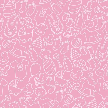 Baby shower doodle seamless pattern. Pink background for girls