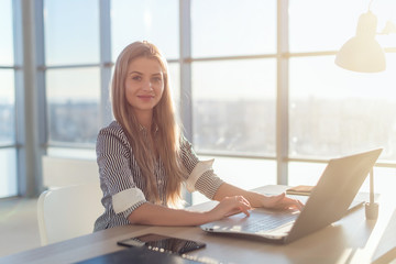Businesswoman typing on laptop at workplace Woman working in home office hand keyboard
