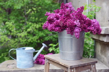 Purple lilac in metal bucket on porch