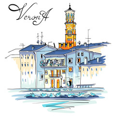 Vector Adige River Embankment and Tower Lamberti, Verona, Italy - obrazy, fototapety, plakaty