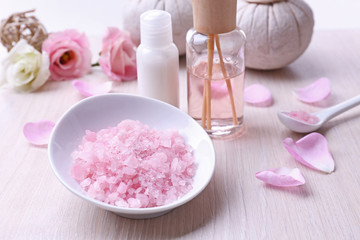 Composition of spa treatment on light background