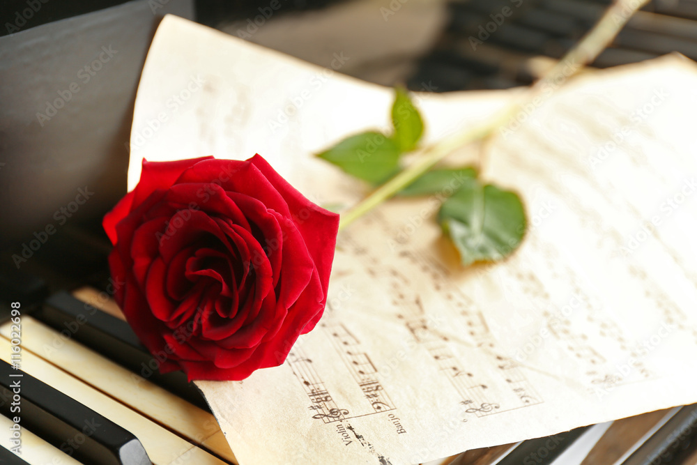 Sticker Red rose and notes on piano