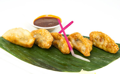 Japanese dumplings with lettuce on white background
