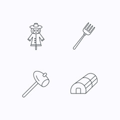 Hammer, hothouse and scarecrow icons.