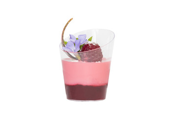 mini canapes in plastic cups decorated with edible flowers