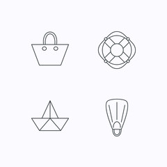 Paper boat, flippers and lifebuoy icons.