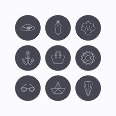 Paper boat, shell and swimsuit icons.
