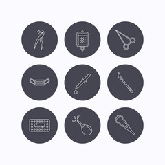 Medical mask, blood and dental pliers icons.