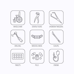Medical mask, pills and dental pliers icons.