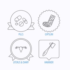 Hammer, broken leg and medical pills icons.