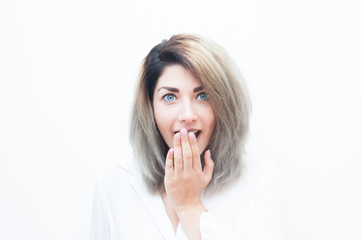 Young blue eyes blonde woman amazed